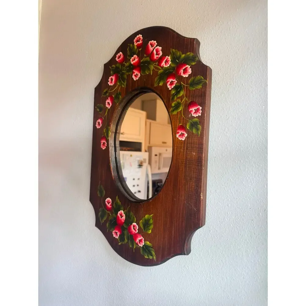 Vintage Hand Painted Floral Wood Wall Mirror Folk Art Pink Flowers